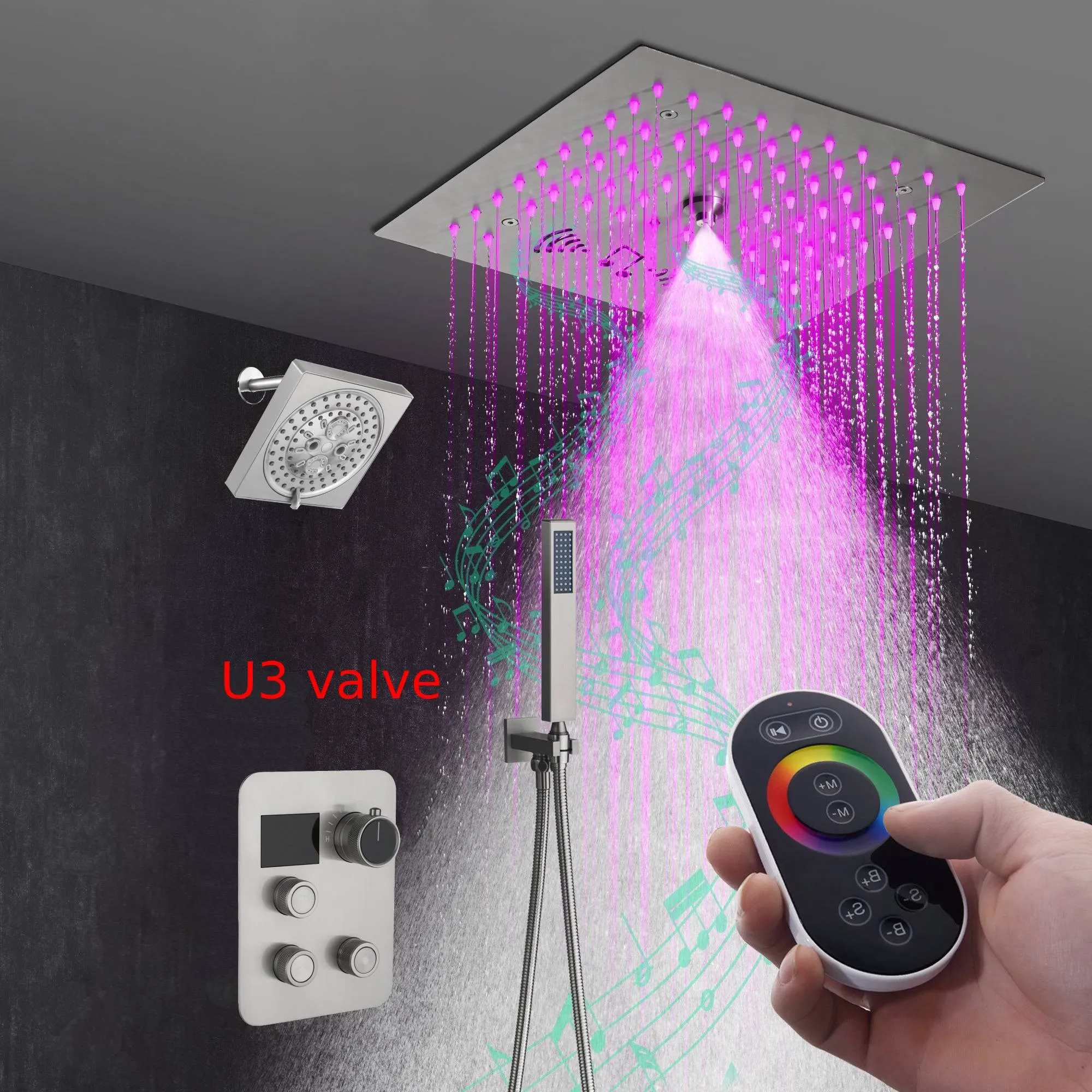 12-Inch Flush-Mount Brushed Nickel Thermostatic Shower Faucet:3-Way Control, 64-Color LED, Bluetooth Music, and Regular Head