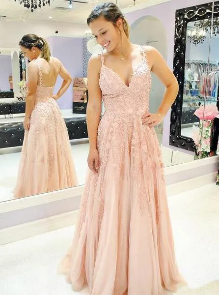 A-line Blush Pink Prom Dress Spaghetti Tulle Appliques Formal Dress GP13