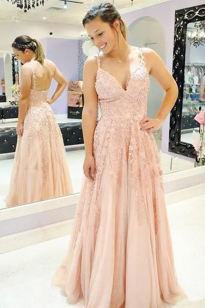 A-line Blush Pink Prom Dress Spaghetti Tulle Appliques Formal Dress GP13