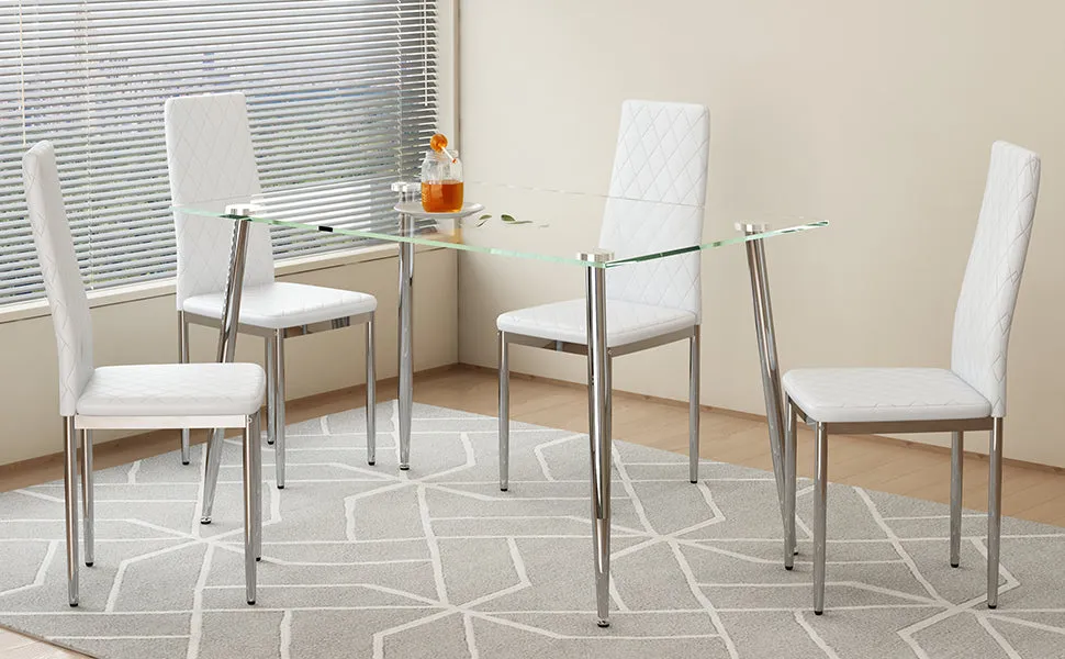 Table and chair set.Rectangular Dining Table with Tempered Glass Tabletop and Silver plating Metal Legs.Paired with 4 checkered armless high back white chairs with electroplated metal legs.