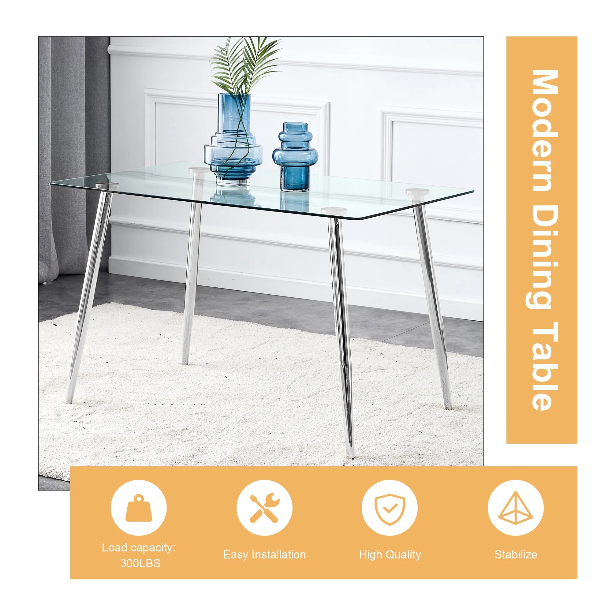 Table and chair set.Rectangular Dining Table with Tempered Glass Tabletop and Silver plating Metal Legs.Paired with 4 checkered armless high back white chairs with electroplated metal legs.