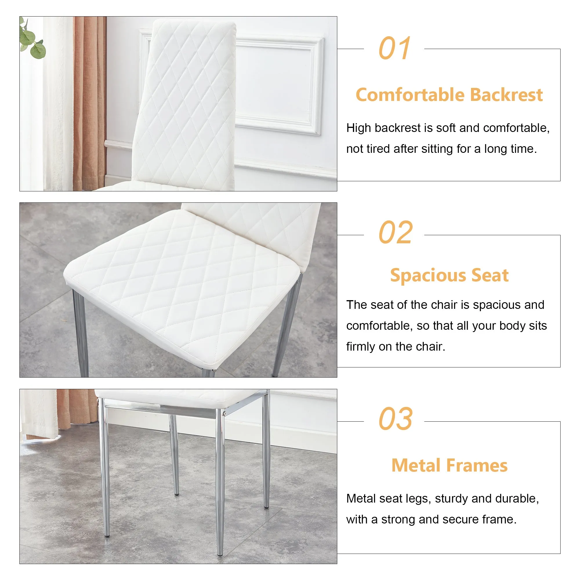 Table and chair set.Rectangular Dining Table with Tempered Glass Tabletop and Silver plating Metal Legs.Paired with 4 checkered armless high back white chairs with electroplated metal legs.