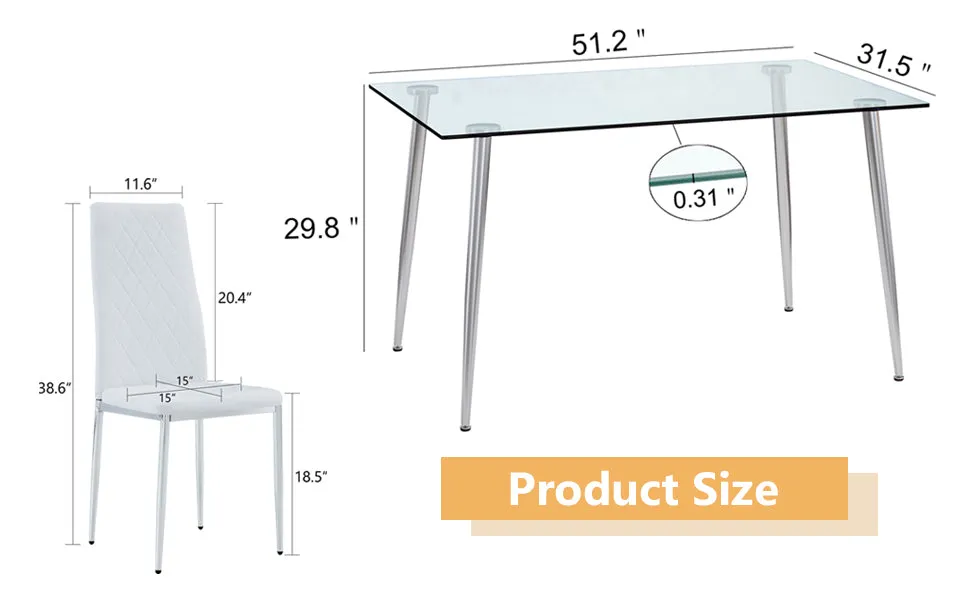Table and chair set.Rectangular Dining Table with Tempered Glass Tabletop and Silver plating Metal Legs.Paired with 4 checkered armless high back white chairs with electroplated metal legs.