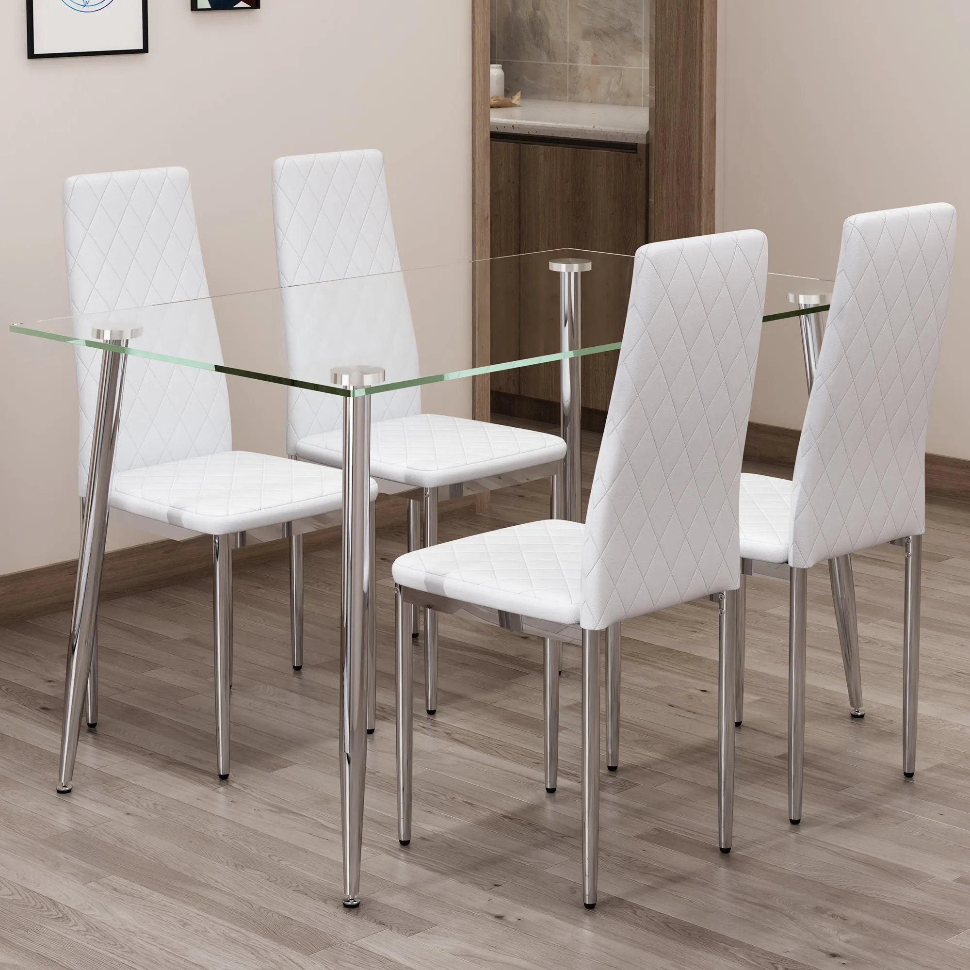 Table and chair set.Rectangular Dining Table with Tempered Glass Tabletop and Silver plating Metal Legs.Paired with 4 checkered armless high back white chairs with electroplated metal legs.