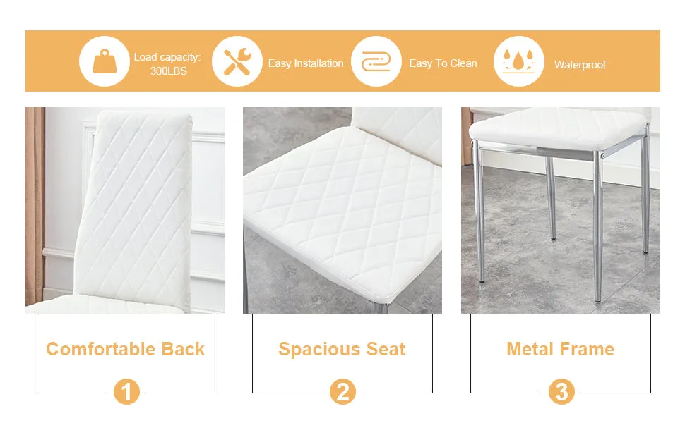Table and chair set.Rectangular Dining Table with Tempered Glass Tabletop and Silver plating Metal Legs.Paired with 4 checkered armless high back white chairs with electroplated metal legs.