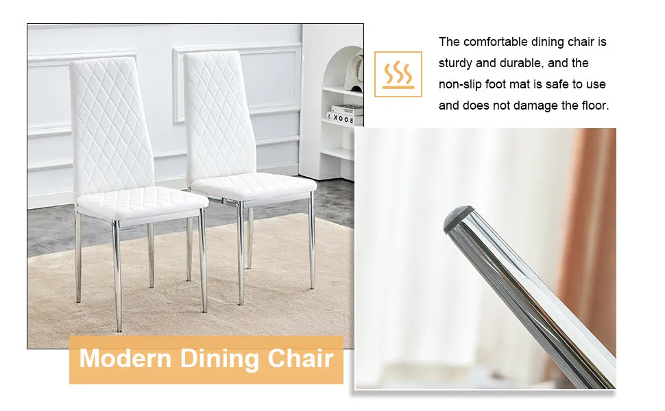 Table and chair set.Rectangular Dining Table with Tempered Glass Tabletop and Silver plating Metal Legs.Paired with 4 checkered armless high back white chairs with electroplated metal legs.