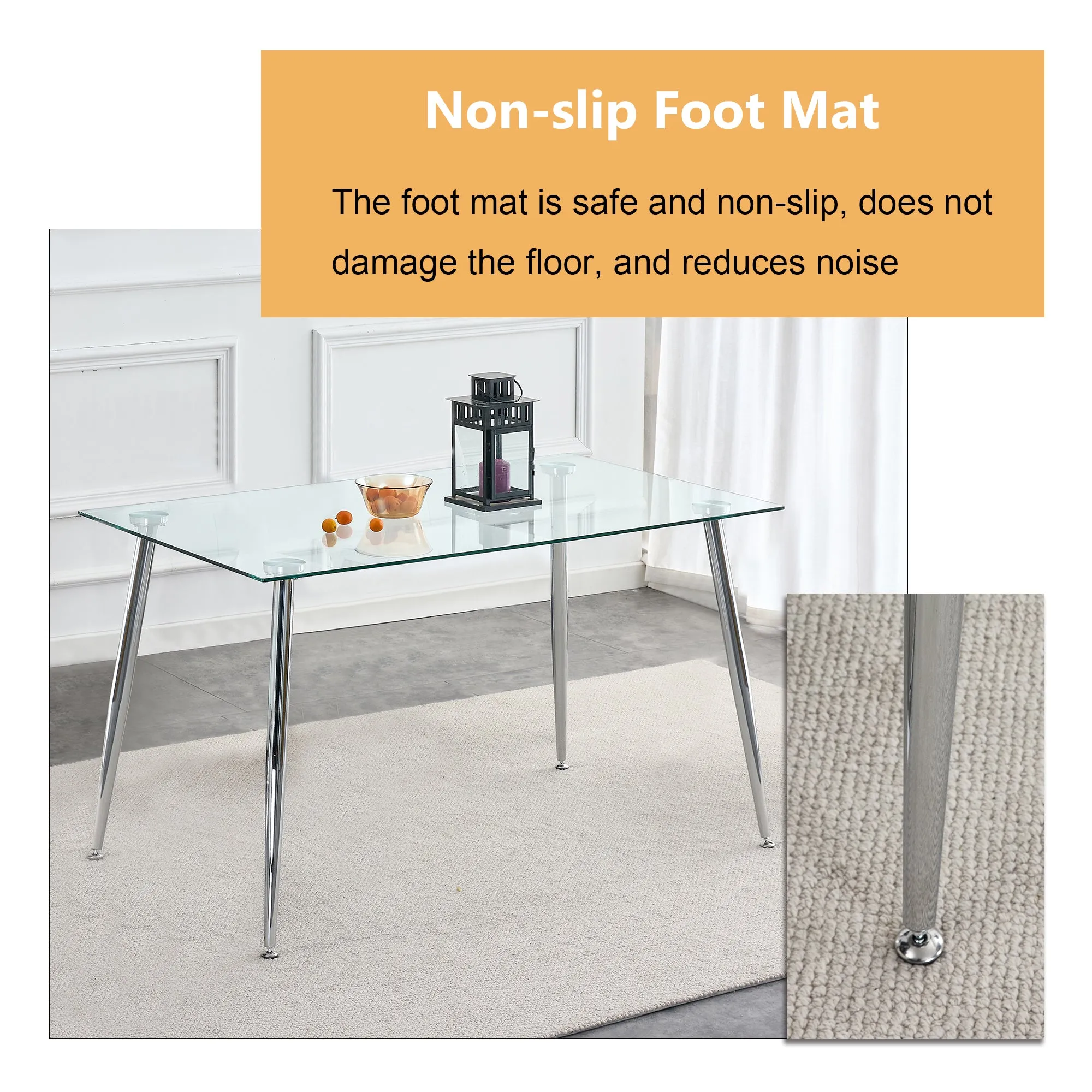 Table and chair set.Rectangular Dining Table with Tempered Glass Tabletop and Silver plating Metal Legs.Paired with 4 checkered armless high back white chairs with electroplated metal legs.
