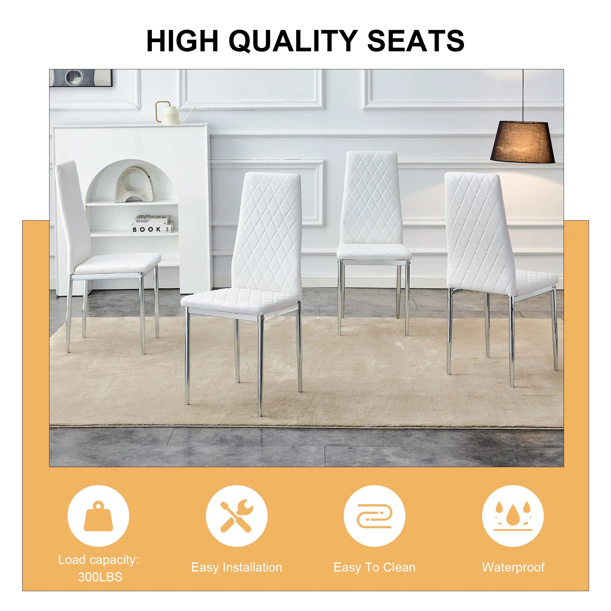 Table and chair set.Rectangular Dining Table with Tempered Glass Tabletop and Silver plating Metal Legs.Paired with 4 checkered armless high back white chairs with electroplated metal legs.