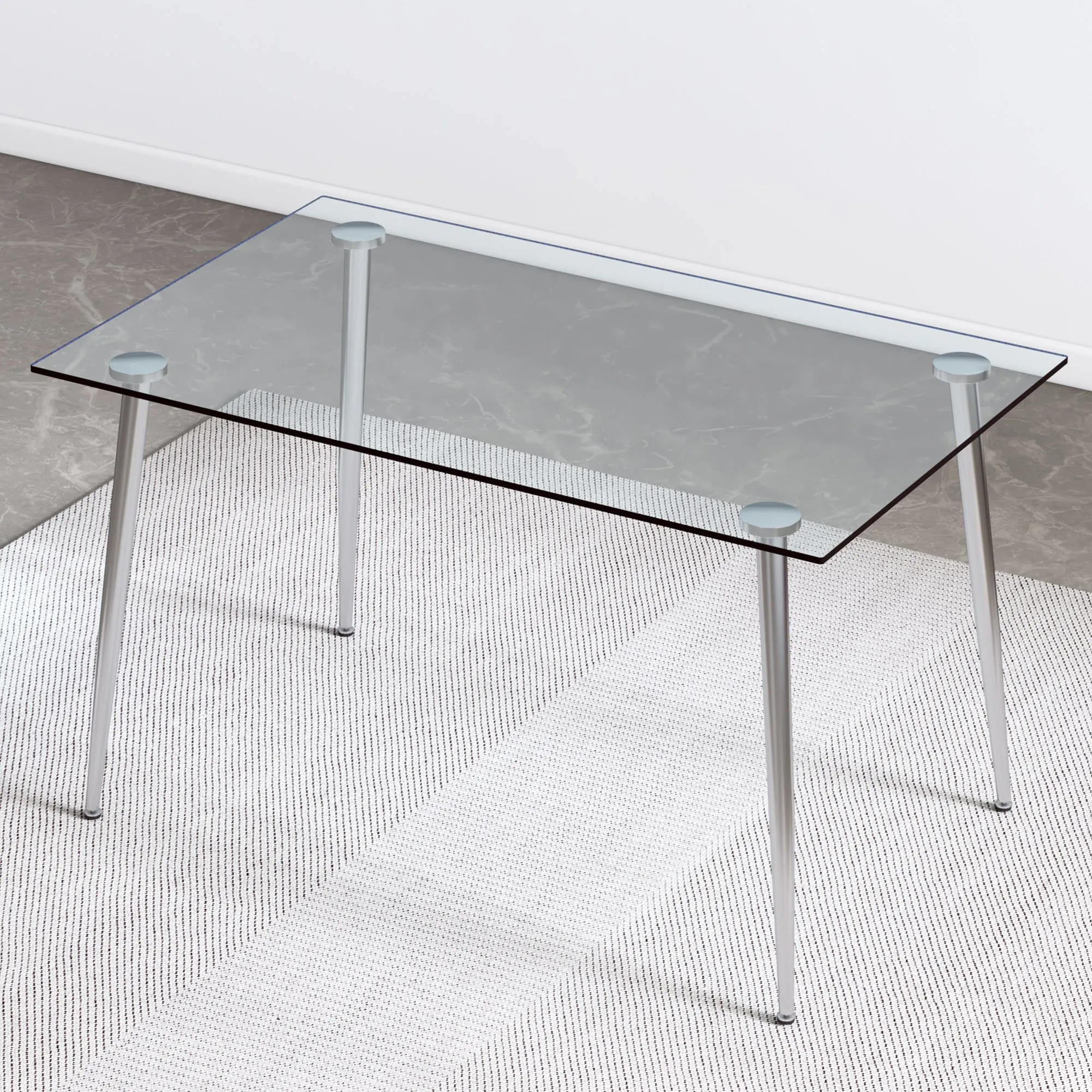 Table and chair set.Rectangular Dining Table with Tempered Glass Tabletop and Silver plating Metal Legs.Paired with 4 checkered armless high back white chairs with electroplated metal legs.