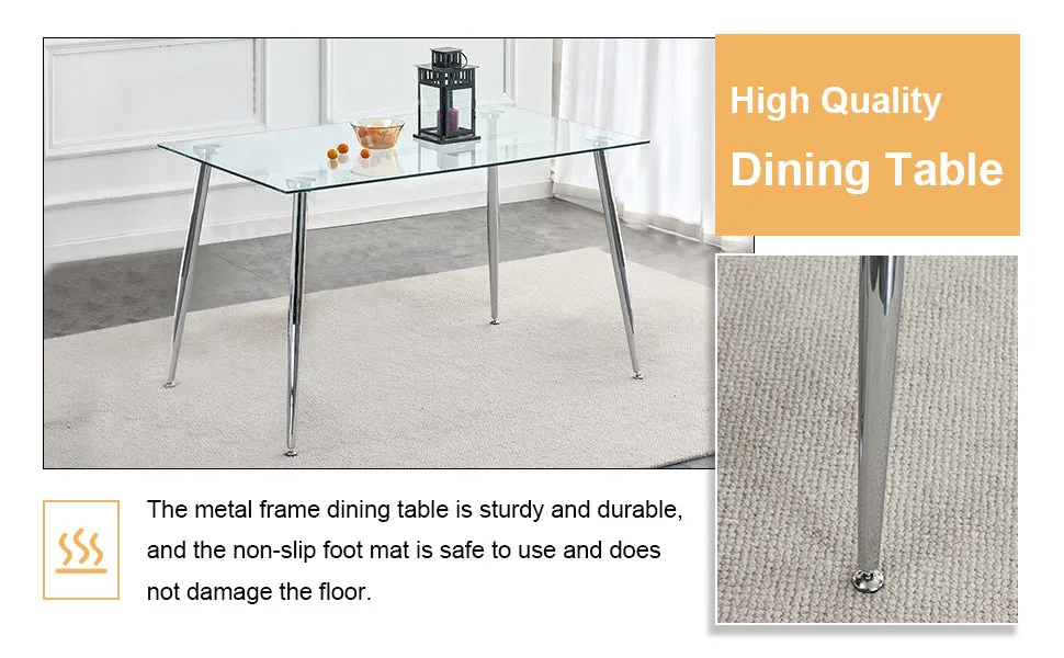 Table and chair set.Rectangular Dining Table with Tempered Glass Tabletop and Silver plating Metal Legs.Paired with 4 checkered armless high back white chairs with electroplated metal legs.