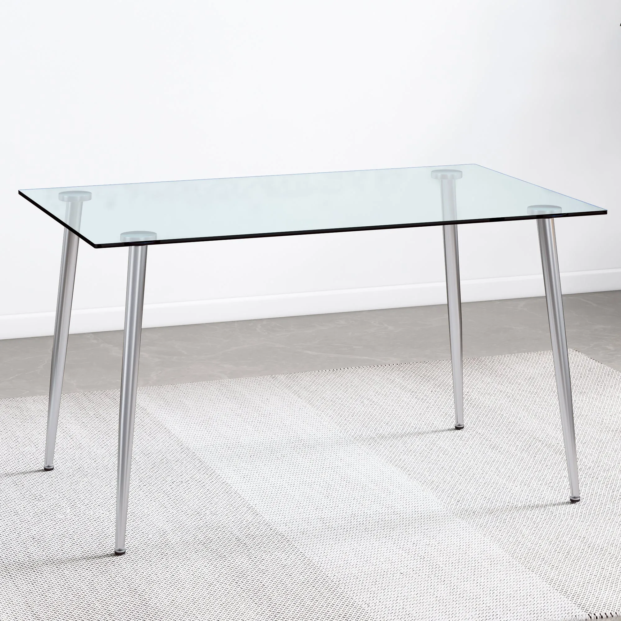 Table and chair set.Rectangular Dining Table with Tempered Glass Tabletop and Silver plating Metal Legs.Paired with 4 checkered armless high back white chairs with electroplated metal legs.