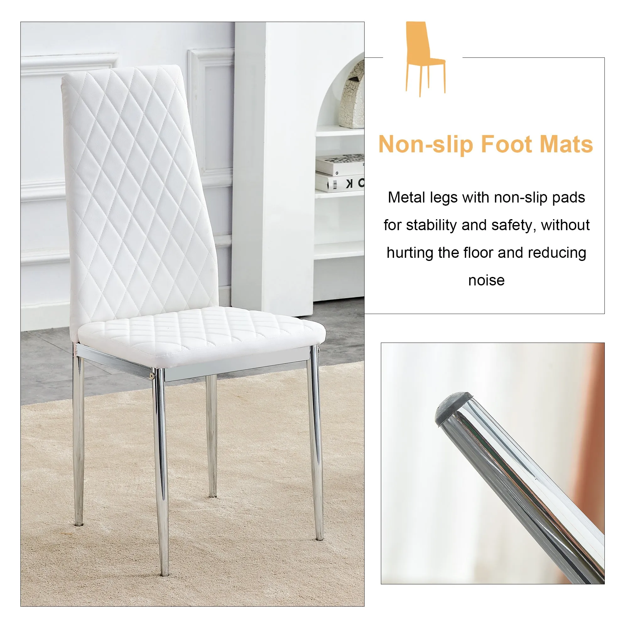 Table and chair set.Rectangular Dining Table with Tempered Glass Tabletop and Silver plating Metal Legs.Paired with 4 checkered armless high back white chairs with electroplated metal legs.