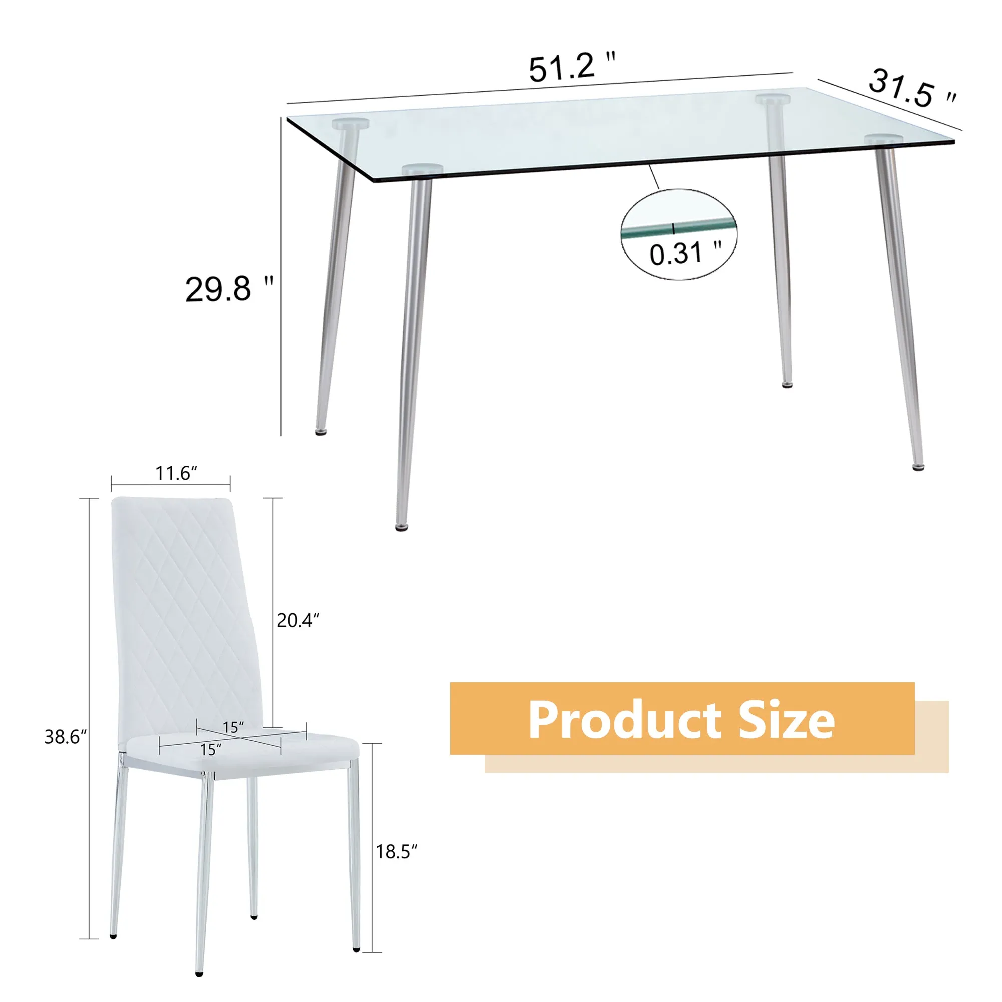 Table and chair set.Rectangular Dining Table with Tempered Glass Tabletop and Silver plating Metal Legs.Paired with 4 checkered armless high back white chairs with electroplated metal legs.