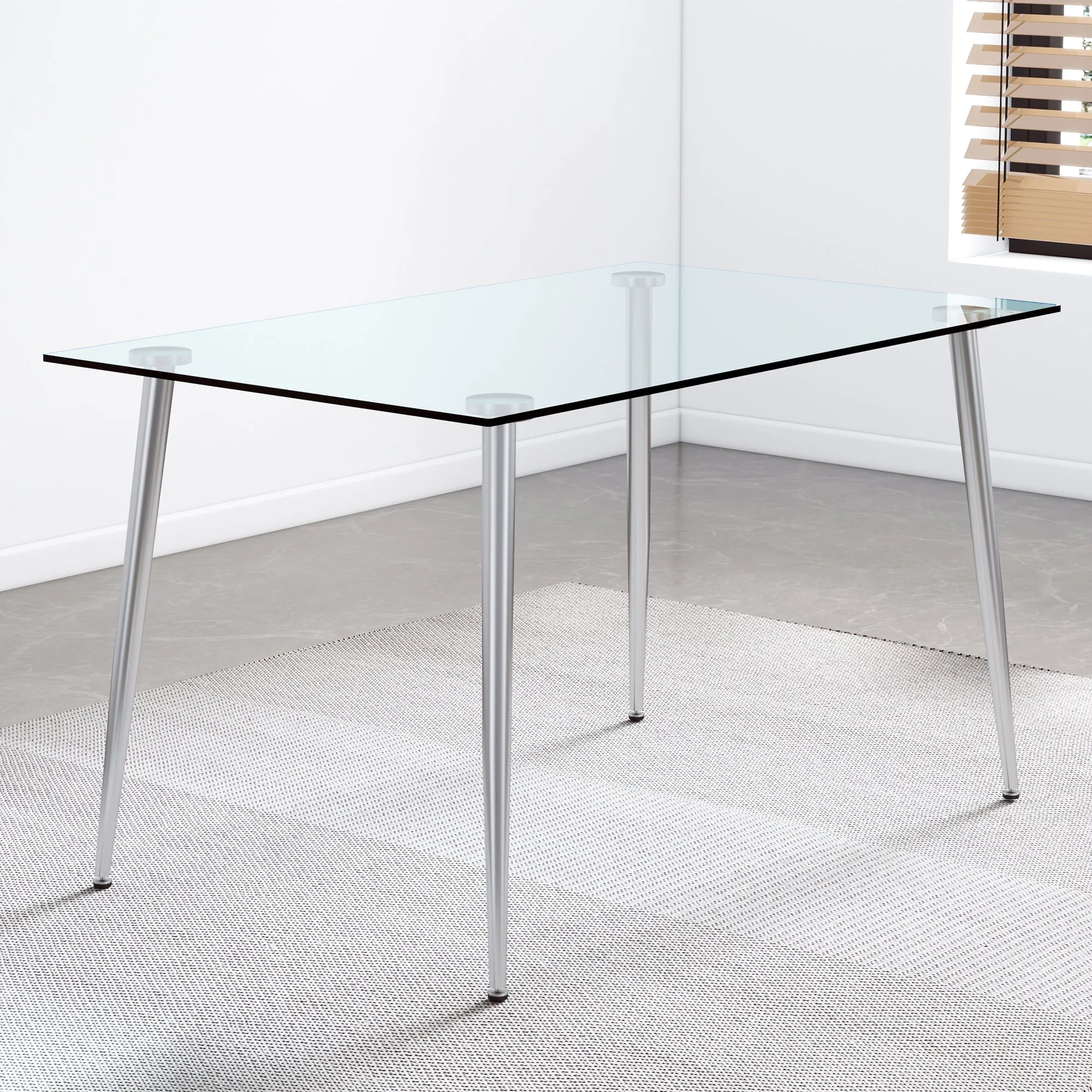 Table and chair set.Rectangular Dining Table with Tempered Glass Tabletop and Silver plating Metal Legs.Paired with 4 checkered armless high back white chairs with electroplated metal legs.