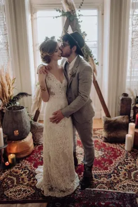 Vintage Lace Appliques Ivory V Neck Cap Sleeves Mermaid Wedding Dresses, Wedding Gowns SWK15542
