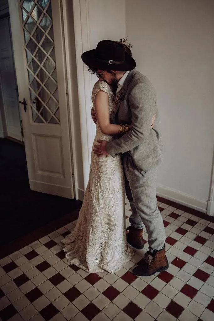 Vintage Lace Appliques Ivory V Neck Cap Sleeves Mermaid Wedding Dresses, Wedding Gowns SWK15542
